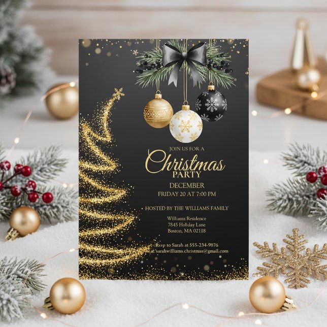 Convite Elegant Gold Christmas Party Invitation Dark (Gold Christmas Invitation)