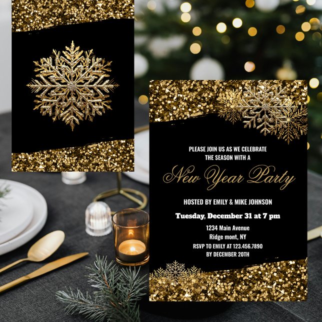 Convite Elegant Gold Confetti Snowflakes New Year Party (Criador carregado)