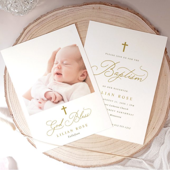 Convite Elegant Gold Cross Calligraphy Photo Baptism (Elegant gold cross baptism invitation with “God Bless” script and baby photo on the back)
