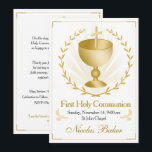 Convite Elegant Gold Cross Chalice First Holy Communion<br><div class="desc">Celebrate the sacred milestone of First Holy Communion with this elegant invitation. Featuring a beautiful gold chalice, a symbol of faith and renewal, surrounded by delicate laurel branches and a radiant sunburst. The classic design is perfect for honoring this special religious sacrament. This invitation sets a reverent and celebratory tone...</div>