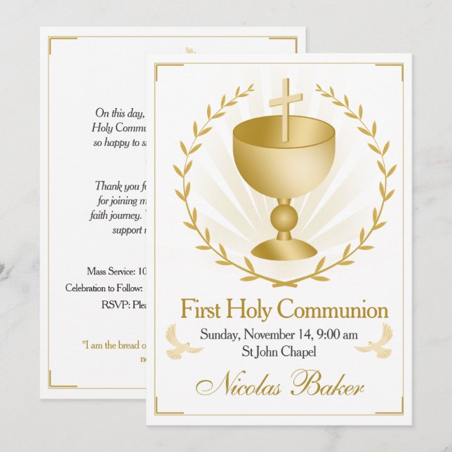 Convite Elegant Gold Cross Chalice First Holy Communion (Frente/Verso)