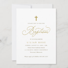 Convite Elegant Gold Cross Script Calligraphy Baptism