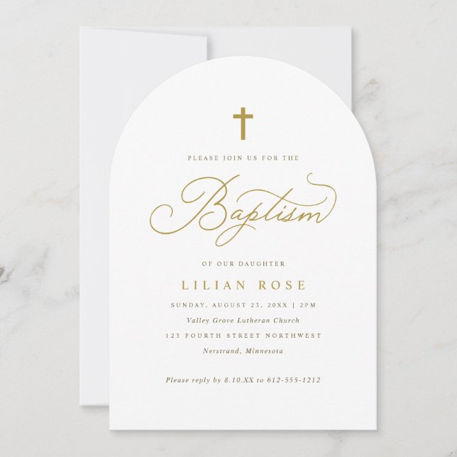 Convite Elegant Gold Cross Script Calligraphy Baptism (Frente)