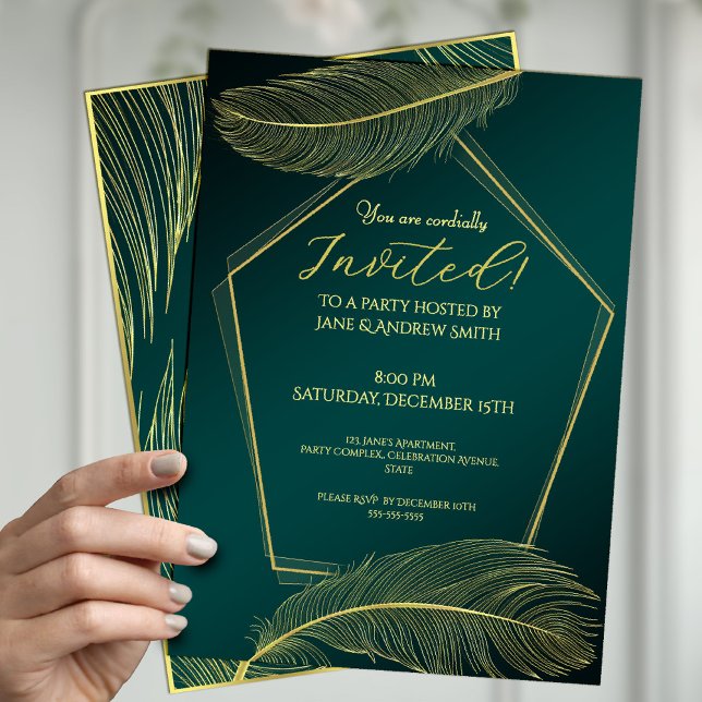 Convite Elegant Gold Feather Geometric Invitation Card On  (Criador carregado)