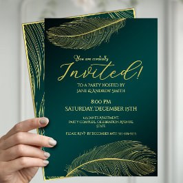 Convite Elegant Gold Feather Green Invitation Card For Spe