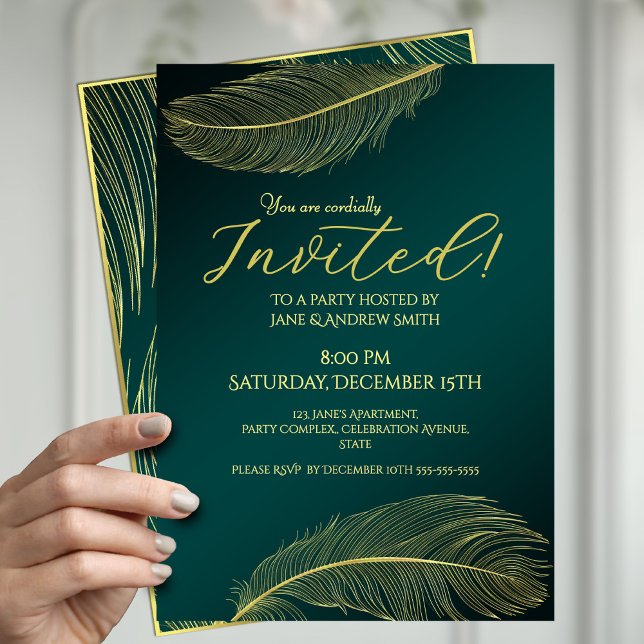 Convite Elegant Gold Feather Green Invitation Card For Spe (Criador carregado)