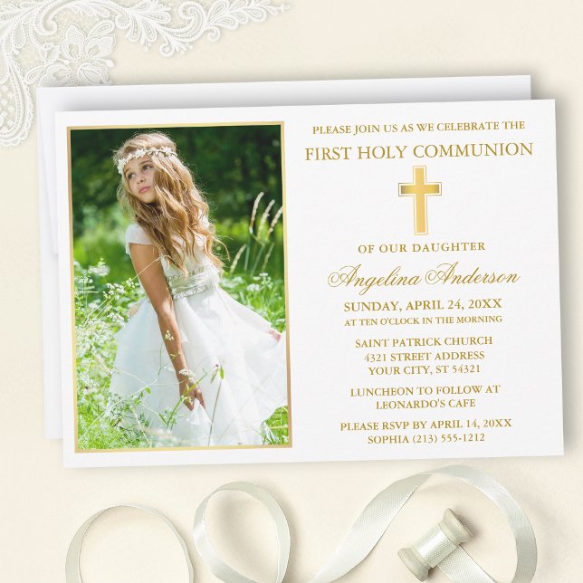 Convite Elegant Gold First Holy Communion Photo (Customize to change text size, text style or color.)