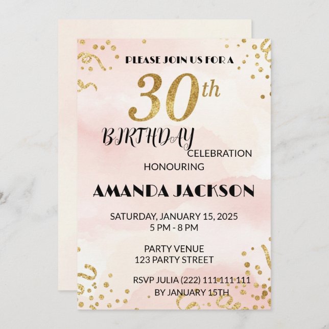 Convite Elegant Gold Floral 30th Birthday Invitation (Frente/Verso)