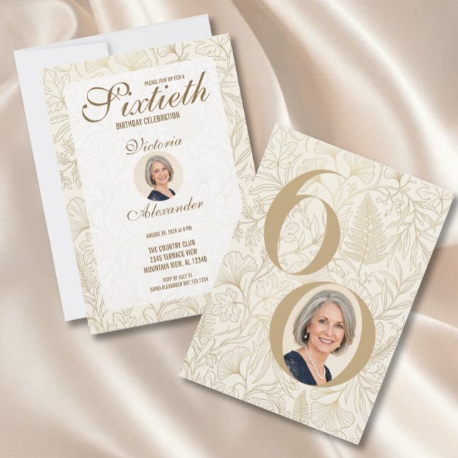 Convite Elegant Gold Floral 60th Birthday Photo (Elegant Gold Floral 60th Birthday Photo Invitation)