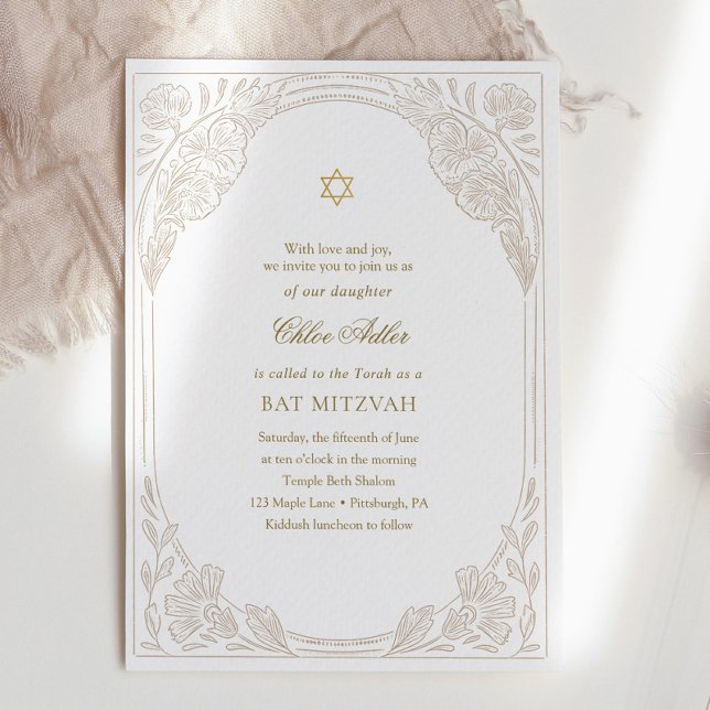 Convite Elegant Gold Floral Bat Mitzvah  (Criador carregado)