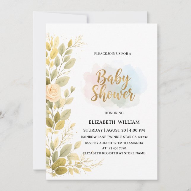 Convite Elegant Gold Floral Botanical Baby Shower  (Frente)