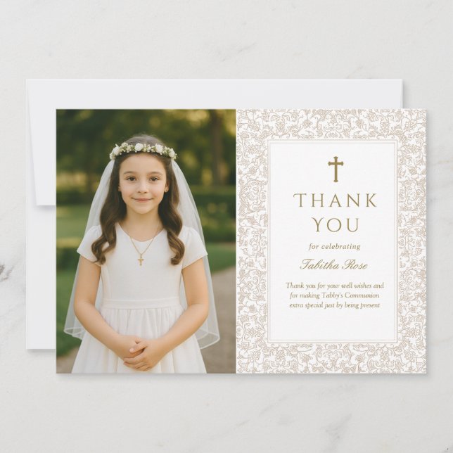 Convite Elegant Gold Floral Communion Thank You Card (Frente)
