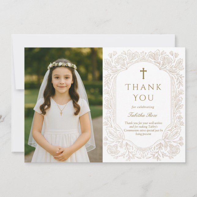 Convite Elegant Gold Floral Communion Thank You Card (Frente)