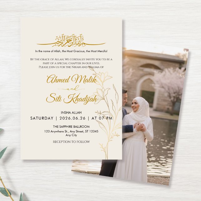Convite Elegant Gold Floral Islamic Wedding Nikah & Photo (Criador carregado)