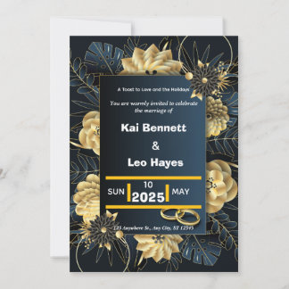 Convite Elegant Gold Floral Navy Holiday Wedding Invite