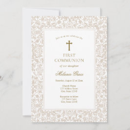 Convite Elegant Gold Floral Traditional First Communion 