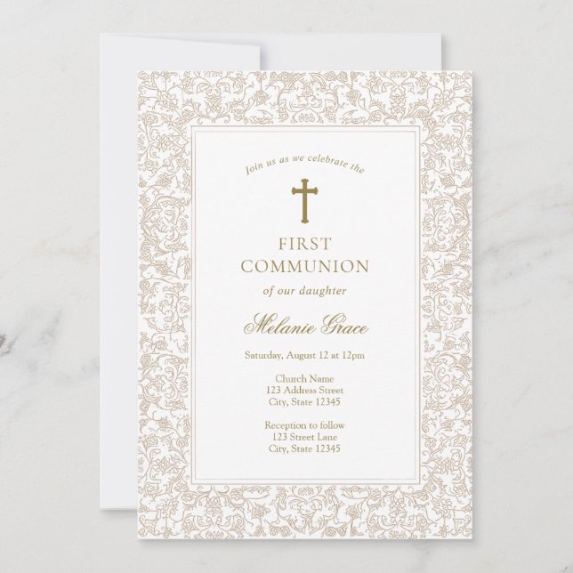 Convite Elegant Gold Floral Traditional First Communion  (Frente)