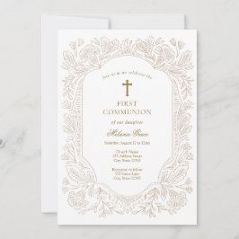 Convite Elegant Gold Floral Traditional First Communion 
