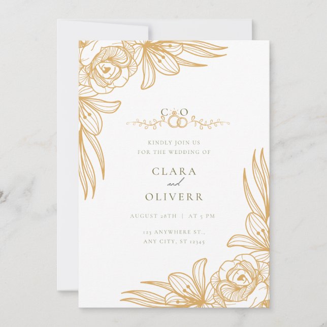 Convite Elegant Gold Floral Wedding Invitation (Frente)