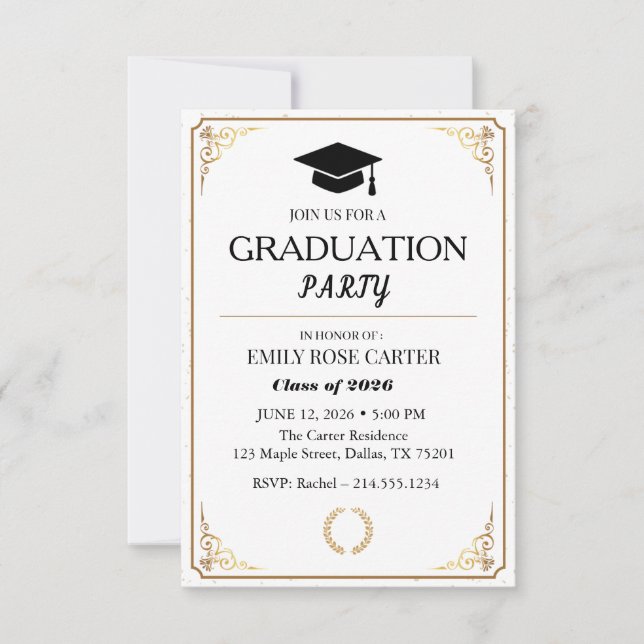 Convite Elegant Gold Flourish Black Graduation Party  (Frente)