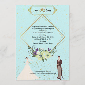 Convite Elegant Gold Foil Geometric Dusty Blue Wedding 