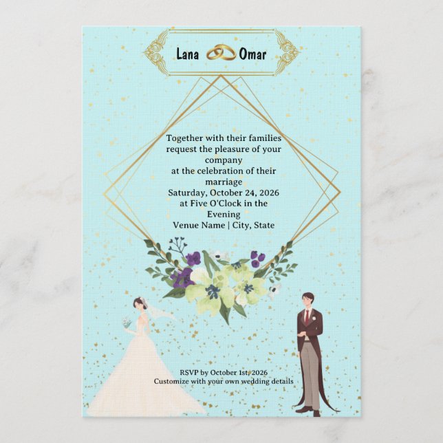 Convite Elegant Gold Foil Geometric Dusty Blue Wedding  (Frente)