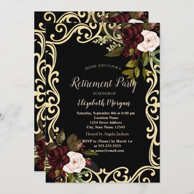 Convite Elegant Gold Frame Burgundy Roses Black Retirement (Frente/Verso)