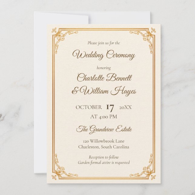Convite Elegant Gold Frame Classic Wedding Invitation (Frente)