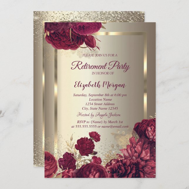 Convite Elegant Gold Frame Confetti Roses Gold Retirement  (Frente/Verso)