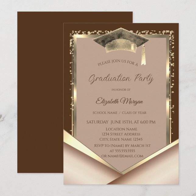 Convite Elegant Gold Frame Diamonds Brown Graduation (Frente/Verso)