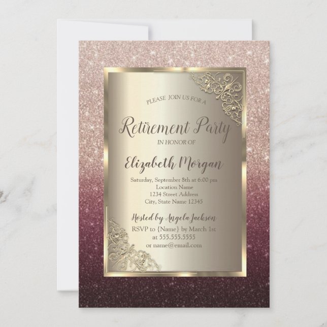 Convite Elegant Gold Frame Glitter Ombre Retirement  (Frente)