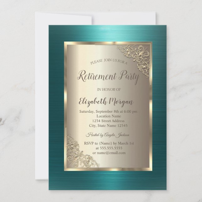 Convite Elegant Gold Frame Green Metallic Retirement  (Frente)