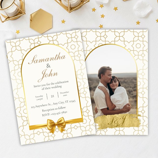 Convite Elegant Gold Geometric Arch Photo Back Wedding (Gold & Ivory Geometric Art Deco Wedding Invitation)