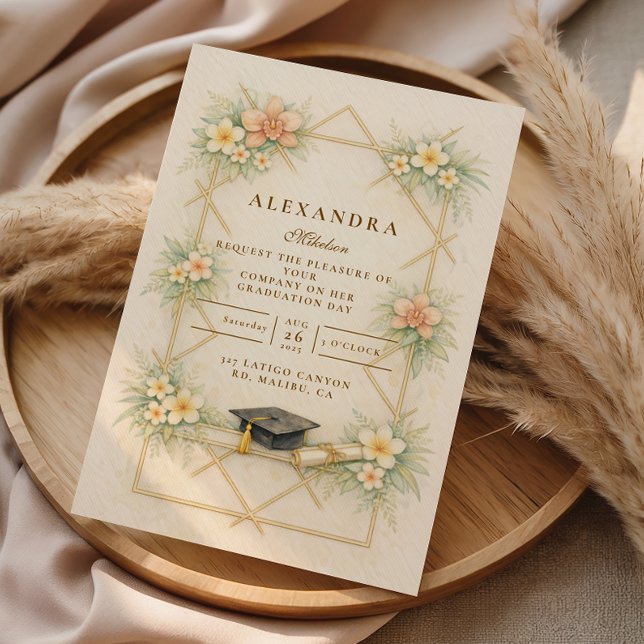 Convite Elegant Gold Geometric Floral Graduation Celebrati (Criador carregado)
