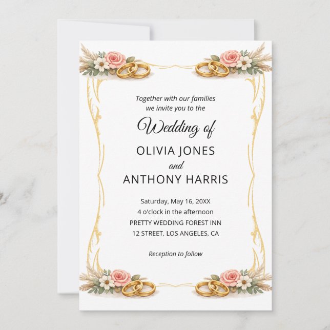 Convite Elegant Gold Geometric Rustic Floral Wedding  (Frente)