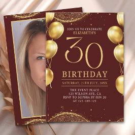 Convite Elegant Gold Glitter Birthday 30th with Balloons