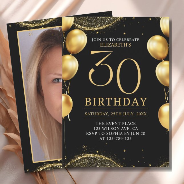 Convite Elegant Gold Glitter Birthday 30th with Balloons (Criador carregado)