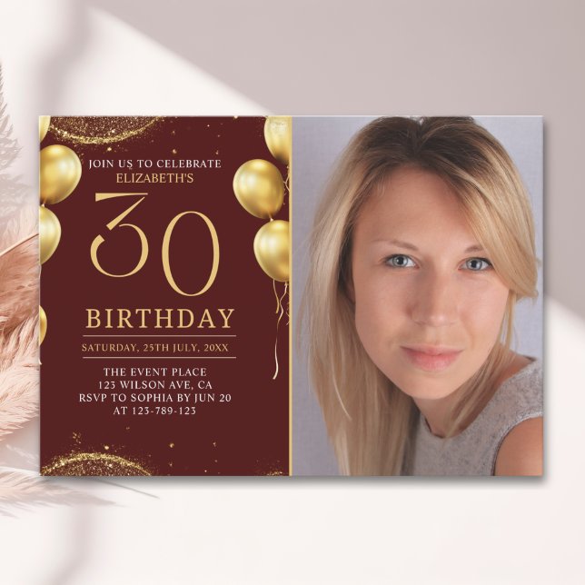 Convite Elegant Gold Glitter Birthday 30th With Photo (Criador carregado)