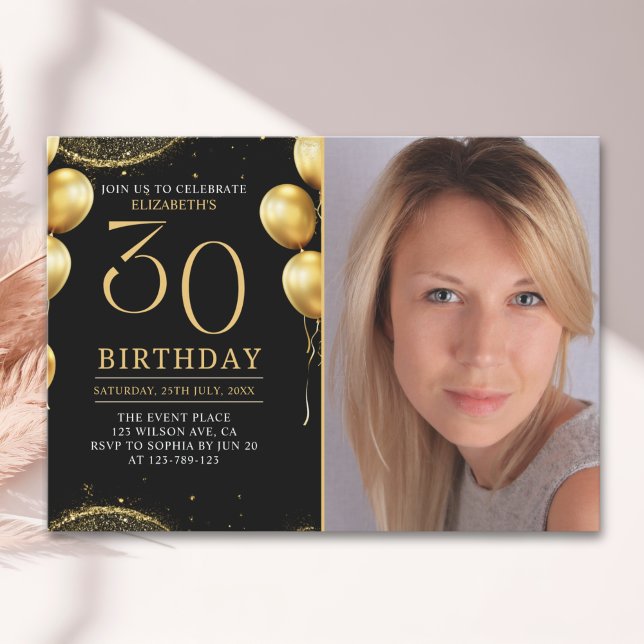 Convite Elegant Gold Glitter Birthday 30th With Photo (Criador carregado)