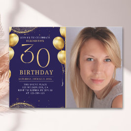 Convite Elegant Gold Glitter Birthday 30th With Photo