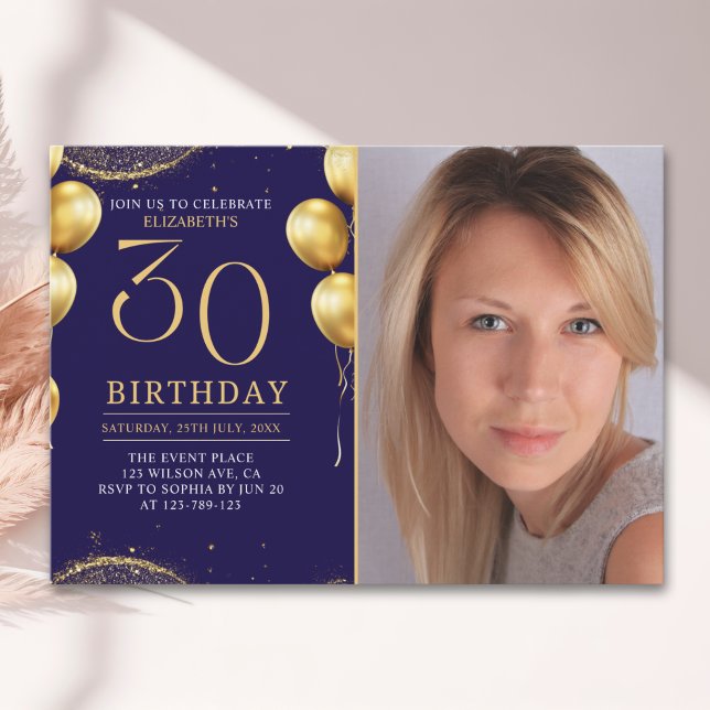 Convite Elegant Gold Glitter Birthday 30th With Photo (Criador carregado)