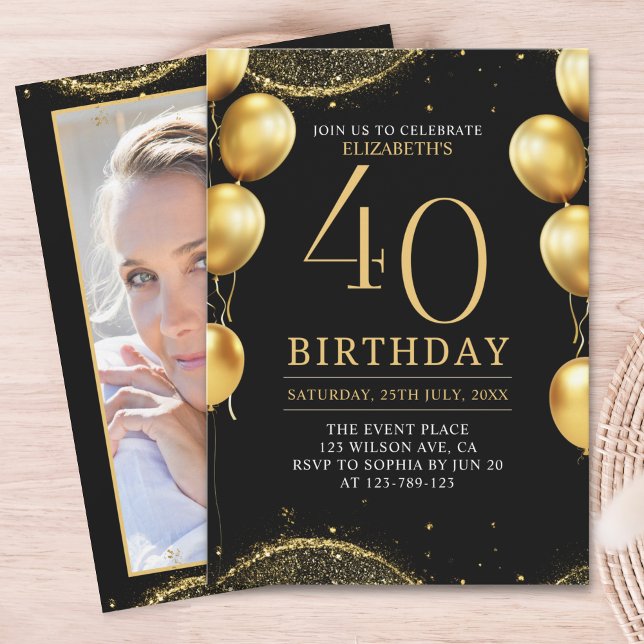 Convite Elegant Gold Glitter Birthday 40th with Balloons (Criador carregado)