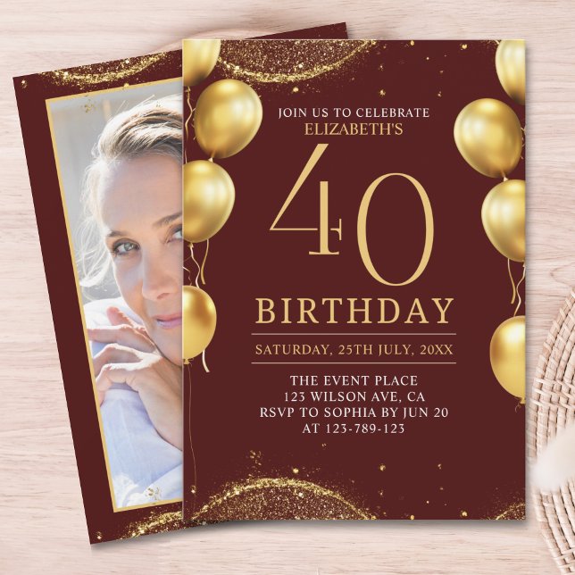 Convite Elegant Gold Glitter Birthday 40th with Balloons (Criador carregado)