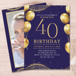 Convite Elegant Gold Glitter Birthday 40th with Balloons