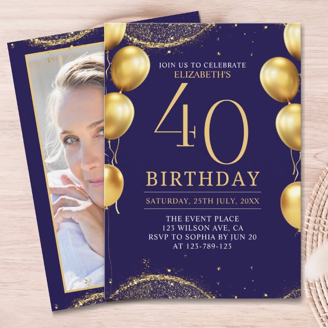 Convite Elegant Gold Glitter Birthday 40th with Balloons (Criador carregado)