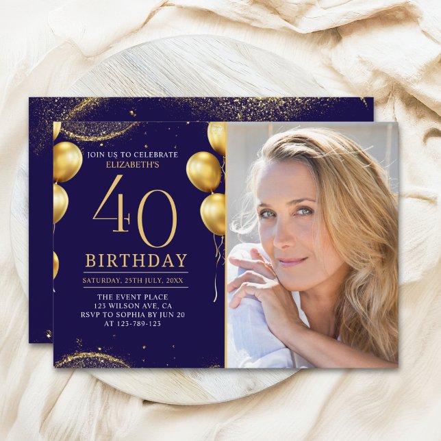Convite Elegant Gold Glitter Birthday 40th With Photo (Criador carregado)