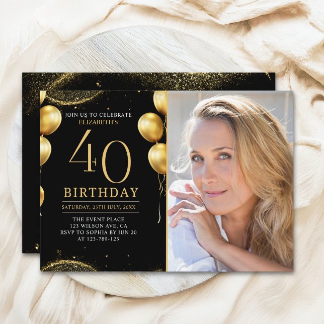 Convite Elegant Gold Glitter Birthday 40th With Photo (Criador carregado)