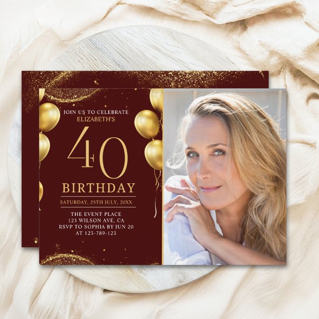 Convite Elegant Gold Glitter Birthday 40th With Photo (Criador carregado)