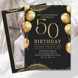 Convite Elegant Gold Glitter Birthday 50th with Balloons