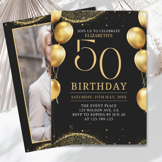Convite Elegant Gold Glitter Birthday 50th with Balloons (Criador carregado)